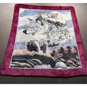 Nature Bald Eagle Wolf Bear Queen Size Blanket Sofa Fleece 78" x 88" Vintage Red